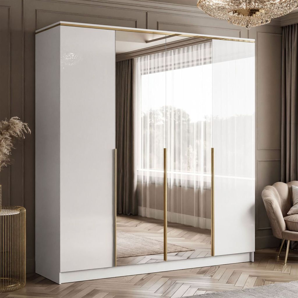 Drehtürenschrank mit Spiegel AURORA 4D in Hochglanz Weiß mit Gold Chrom Griffe