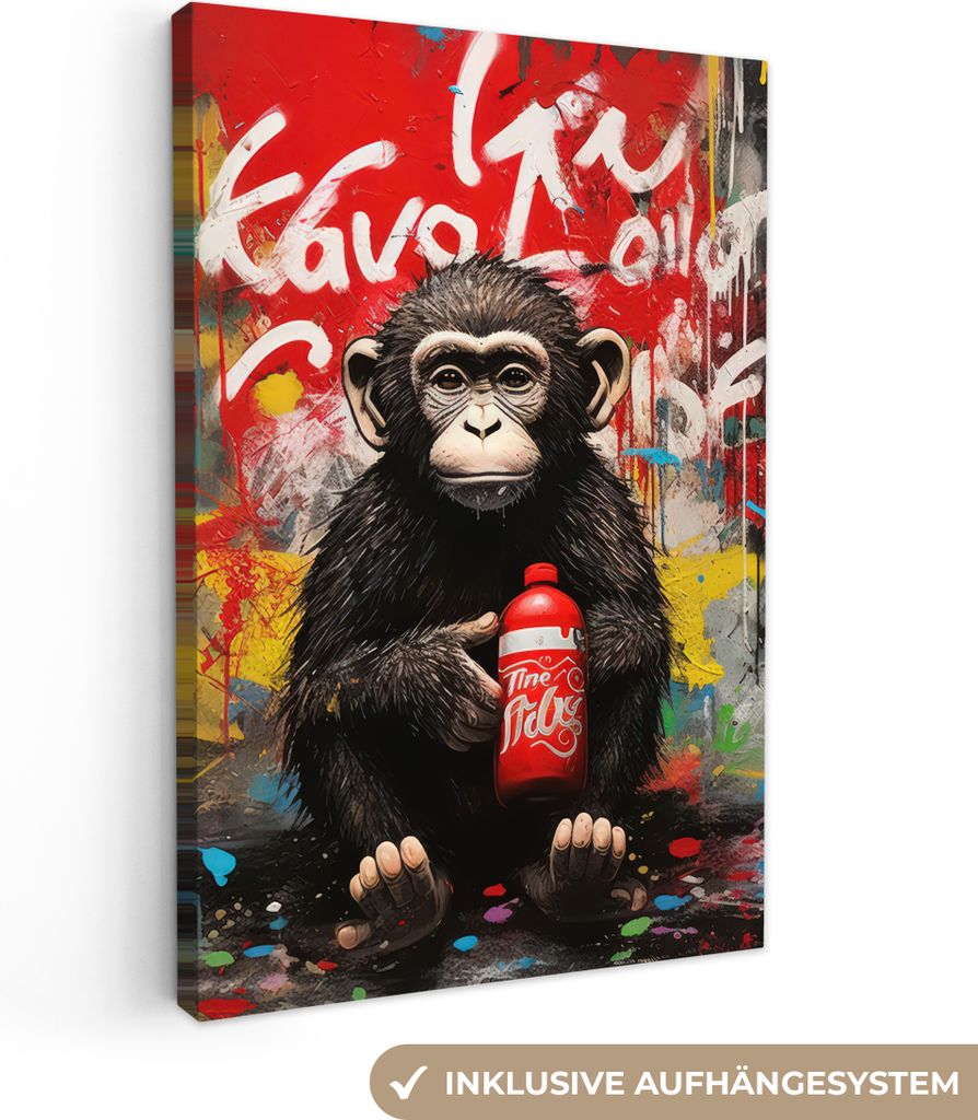 Leinwandbilder 80x120 cm - Graffiti - Affe - Tiere - Kunst - Flasche - Farben, Bilder Wohnzimmer Modern, Wanddeko