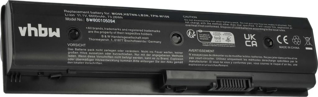 vhbw Akku Ersatz für HP TPN-W109 für Notebook (6600 mAh, 10,8 V, Li-Ion)