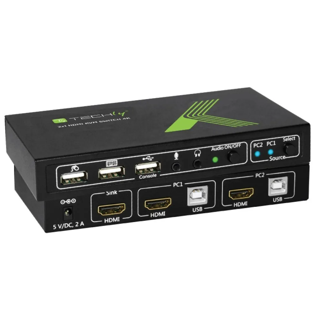 Commutateur KVM HDMI 4K Commutateur PC Double Ecran Noir Techly