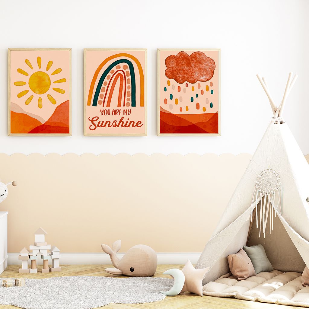 You are my Sunshine Bilder 3er Set DIN A4 Kinderzimmer Wandbilder Babyzimmer Poster Dekoration Sonne Regenbogen