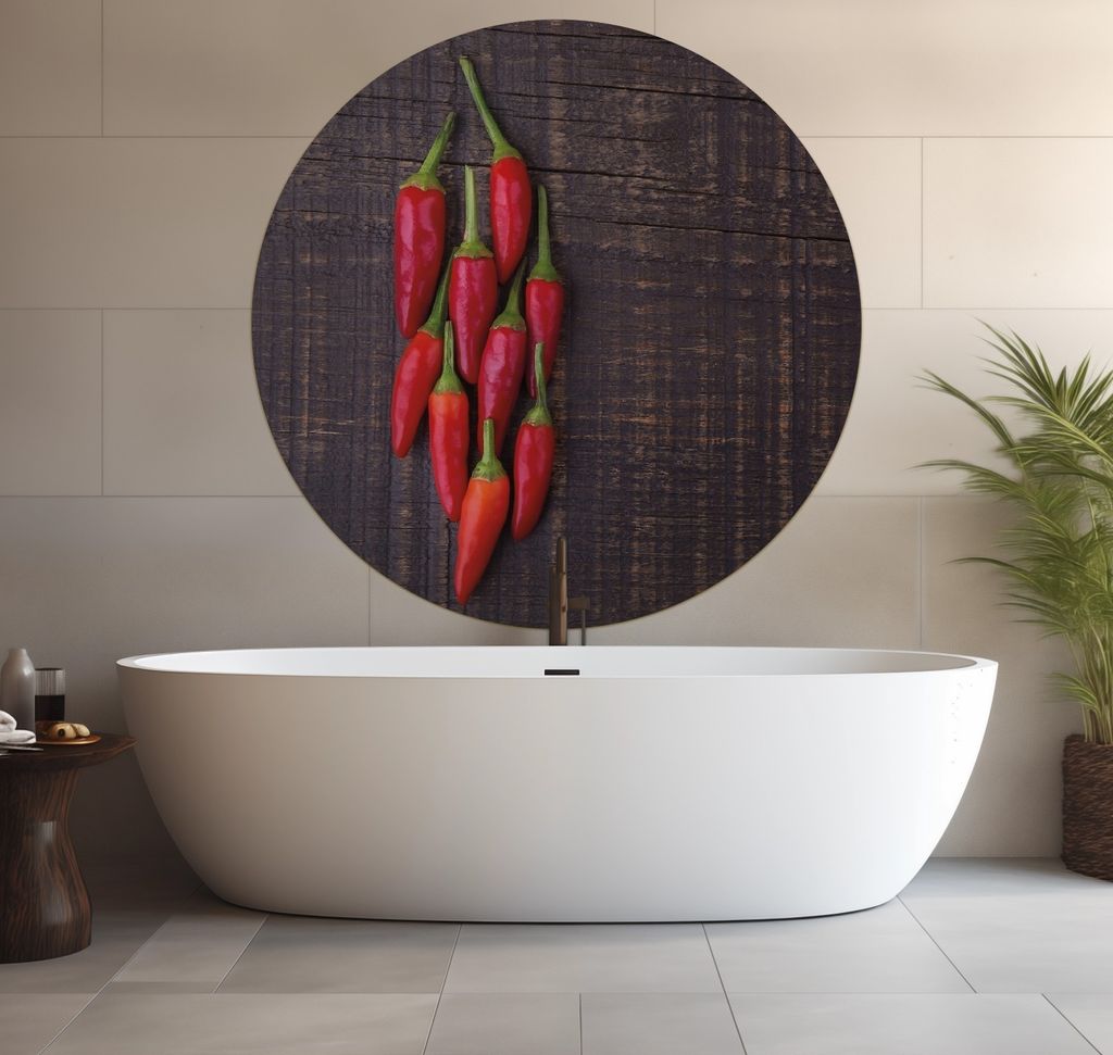 Wallario wasserfestes Poster selbstklebend 120 x 120 cm, Rote Paprikaschoten auf einem dunkelbraunem Holzbrett, Badezimmerposter Spritzschutz mit H...