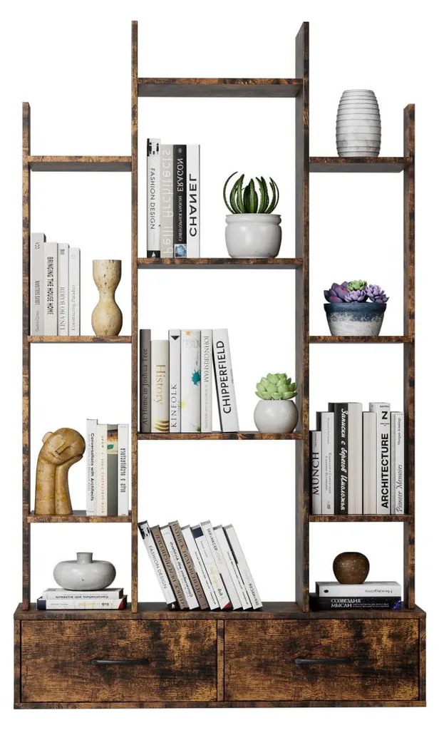 Bibliothèque 12 compartiments style rustique avec tiroirs de rangement