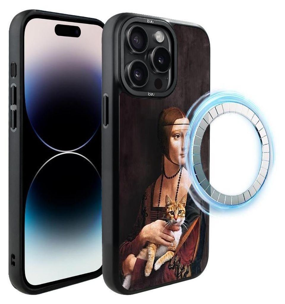 Schutzhülle für das iPhone 14 Pro Max, MagSafe-kompatibel, mattschwarze Seiten, Katze, Motiv aus einem Gemälde von Leonardo da Vinci