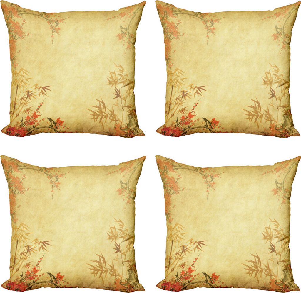 ABAKUHAUS Bambus Kissenbezug Set (4 Stück), Bambusstämme und Blüte, Moderner Doppelseitiger Digitaldruck, 45 cm x 45 cm, Mustard Vermilion