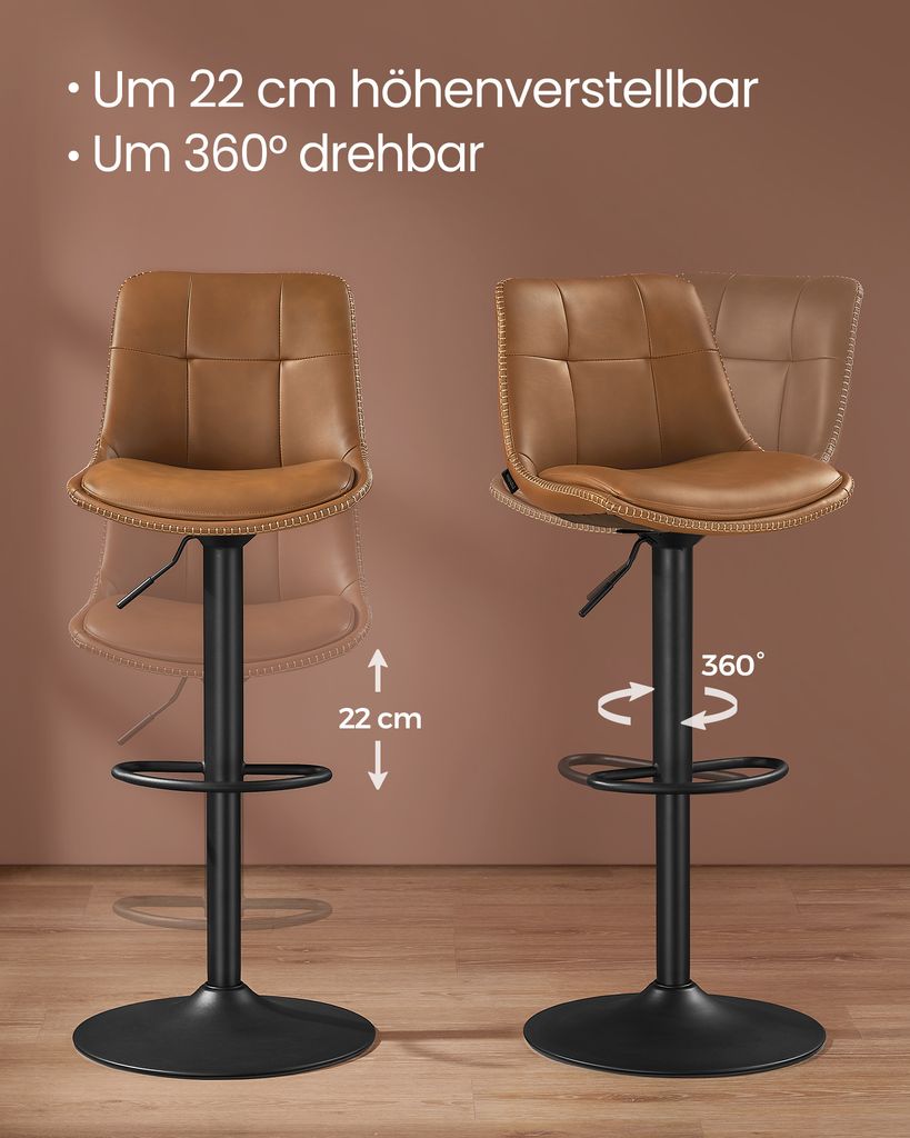 VASAGLE Barhocker 2er Set, höhenverstellbar, drehbar, mit Rückenlehne und Fußstütze, Karamellbraun