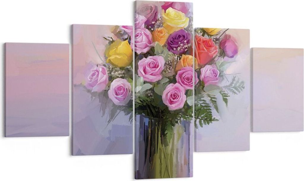 Bild auf Leinwand - Leinwandbild - 5 Teile - Blumen Vase Grafiken - 125x70cm - Wand Bild - Wanddeko - Wandbilder - Leinwanddruck - Bilder - Wanddek...