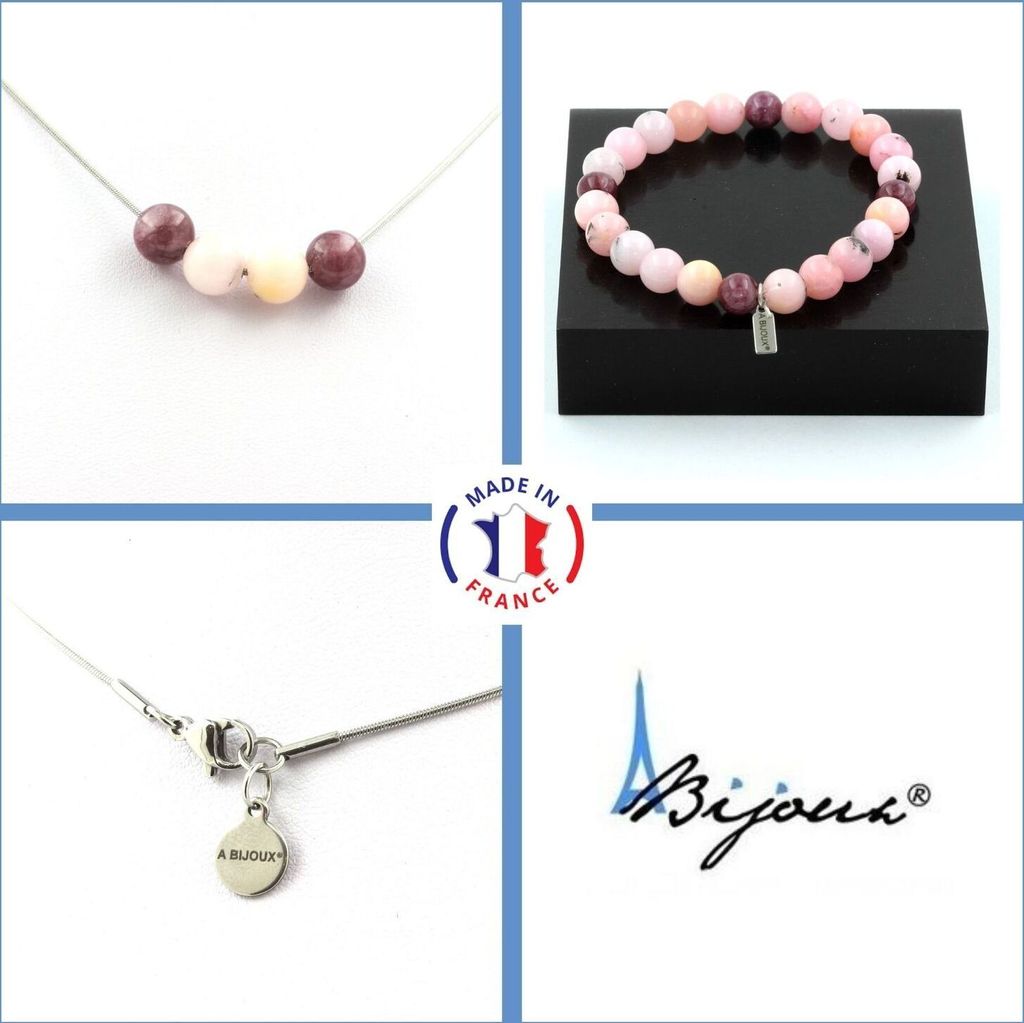 Schmuckset Armband Halskette Lepidolitperlen + Rosa Opal 8 mm Edelstahlkette