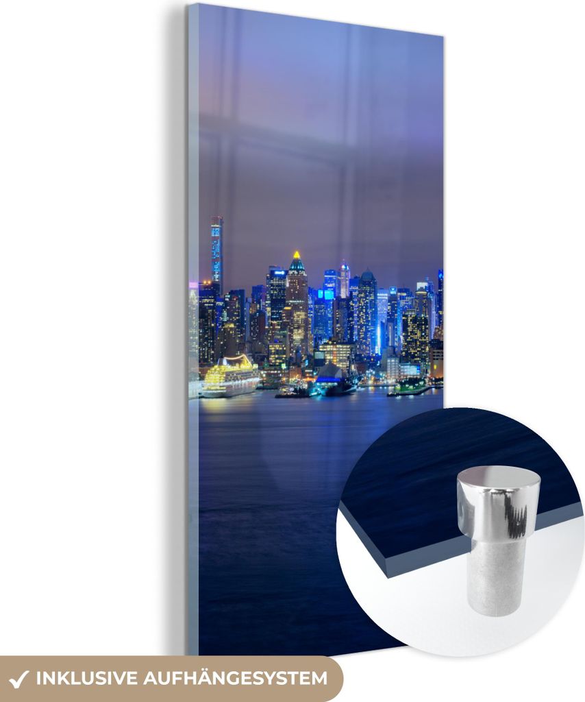 MuchoWow Glasbilder - Bilder auf Wandbild - Foto auf Glas New York - Skyline - Nacht 40x80 cm Wanddekoration aus Glas - Acrylglasbild - Acrylbilder...
