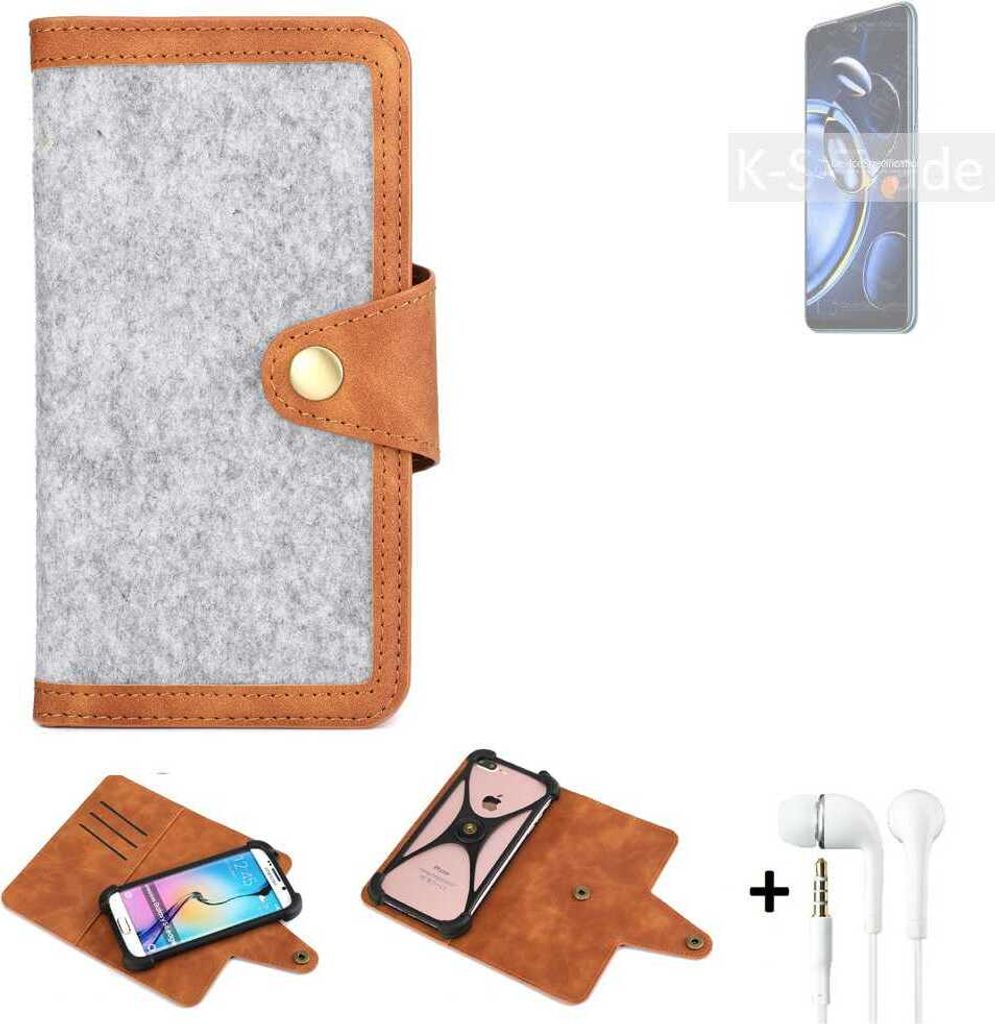 K-S-Trade Handyhülle + Kopfhörer kompatibel mit Xiaomi Redmi Note 11SE Schutzhülle Filz Hülle Kunstleder hellgrau braun (1x)