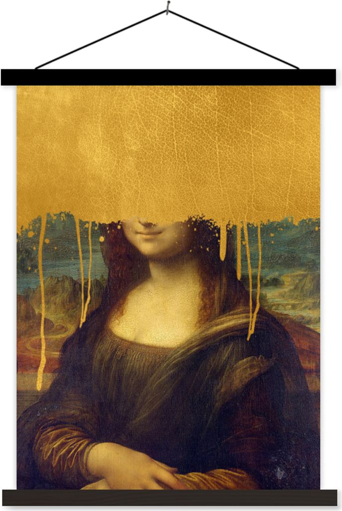 MuchoWow Textilposter Mona Lisa - Gold - Da Vinci 60x80 cm mit schwarzem Rahmen - Plakathalter