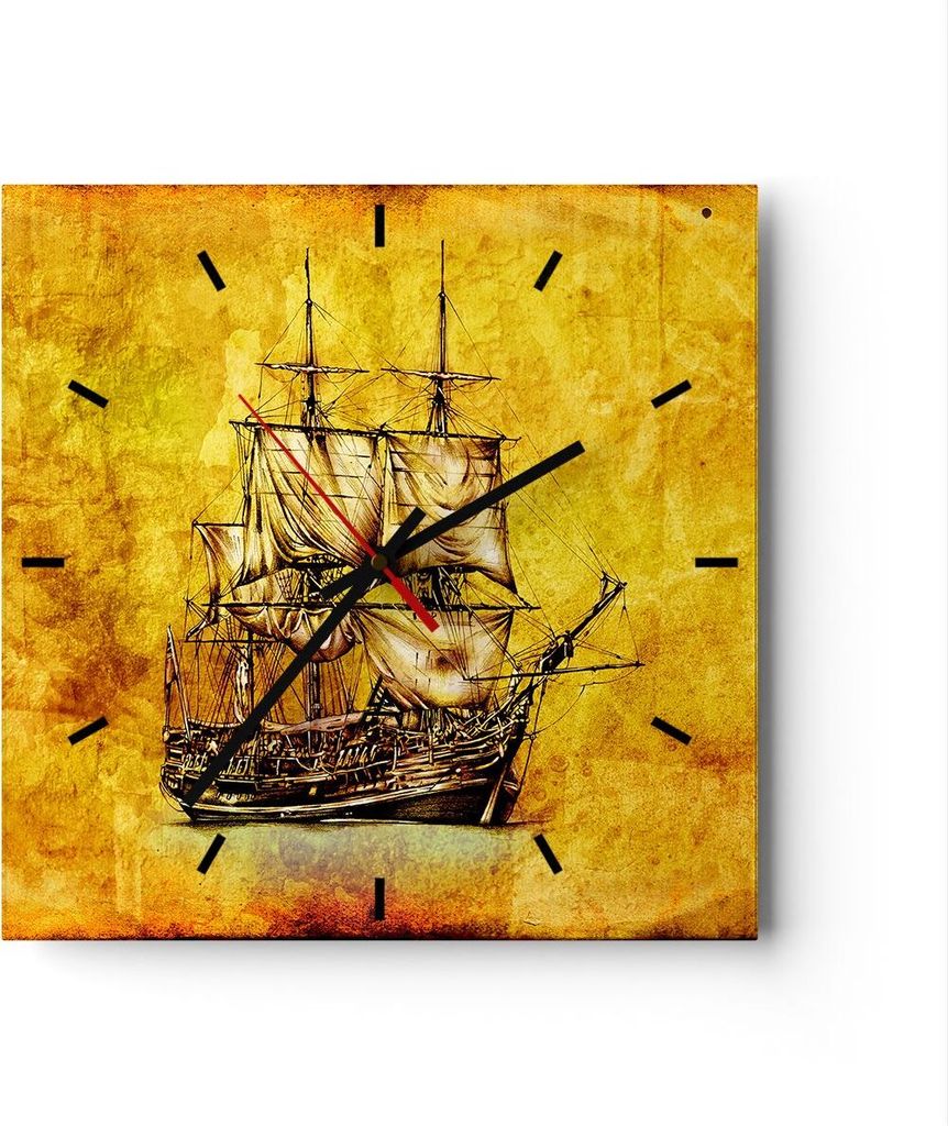Wanduhr - Quadrat - Glasuhr - Piratenschiff Ozean Schatz - 30x30cm - Schleichendes Uhrwerk - Lautlos - zum Aufhängen bereit - Dekoration Modern - ...