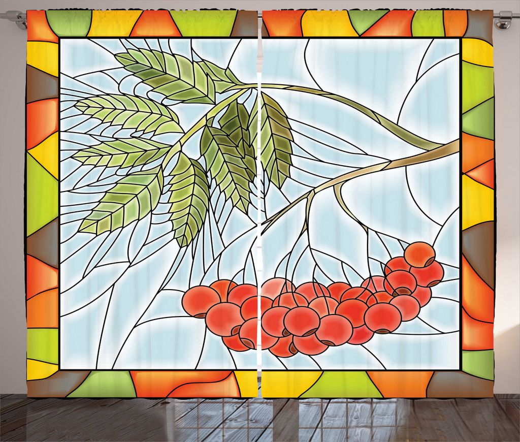 ABAKUHAUS Weihnachten Rustikaler Gardine, Rowan Zweig-Motiv, Schlafzimmer Kräuselband Vorhang mit Schlaufen und Haken, 280 x 245 cm, Mehrfarbig