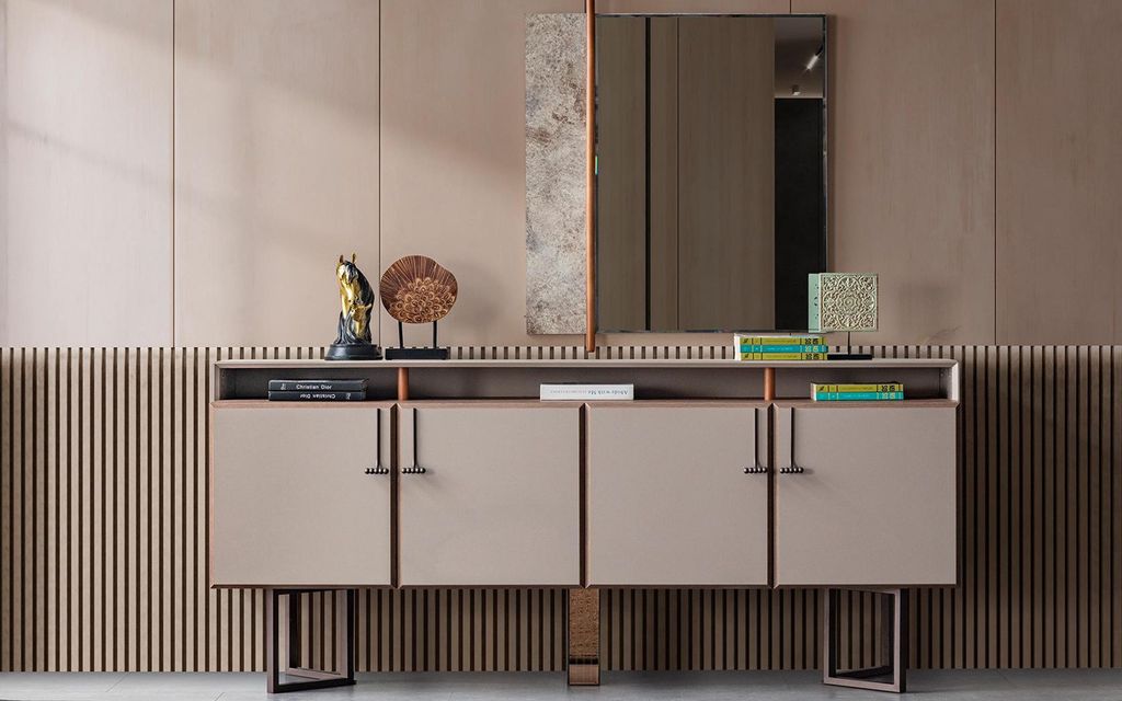 Garnitur Sideboard mit Spiegel Anrichte Schrank Holz Kommode Grau