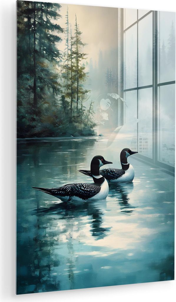 MuchoWow Glasbilder - Bilder auf Wandbild - Foto auf Glas Wald - Wasser - Enten - Neblig 80x120 cm Wanddekoration aus Glas - Acrylglasbild - Acrylb...