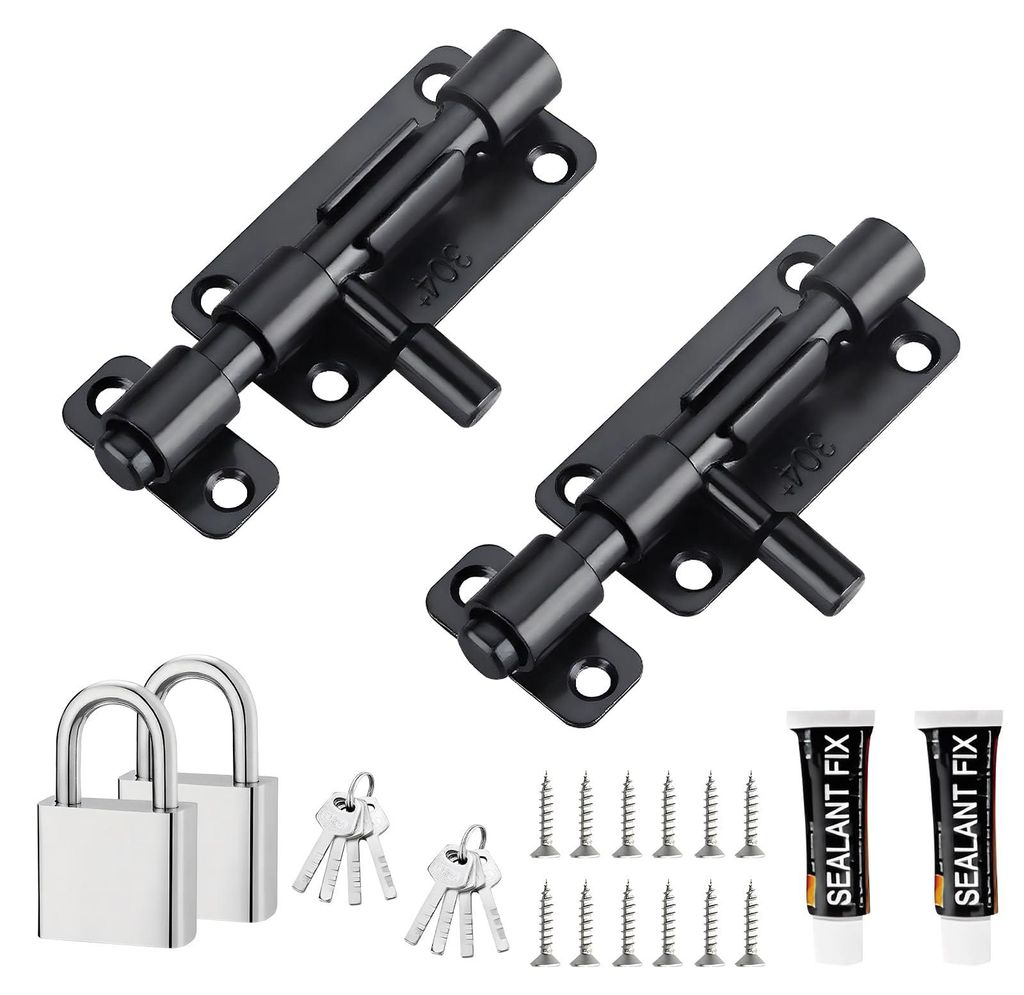 2 schwarze Türschlösser aus Edelstahl 304, kein Bohren erforderlich, Türschloss-Set mit 12 Schrauben, 2 Klebestreifen, 2 einfachen Schlössern u...