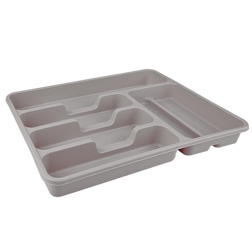 A gray plastic cutlery organizer with multiple compartments.