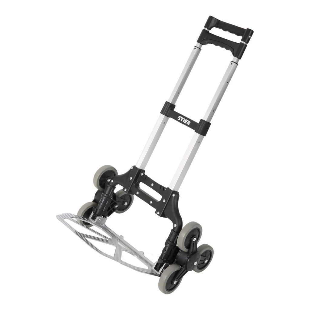 STIER Aluminium Sackkarre Treppensteiger, Tragkraft 70kg, Sackkarre klappbar, Griff Höhenverstellbar, Ladefläche mit Antirutsch-Profil, Vollgummi...