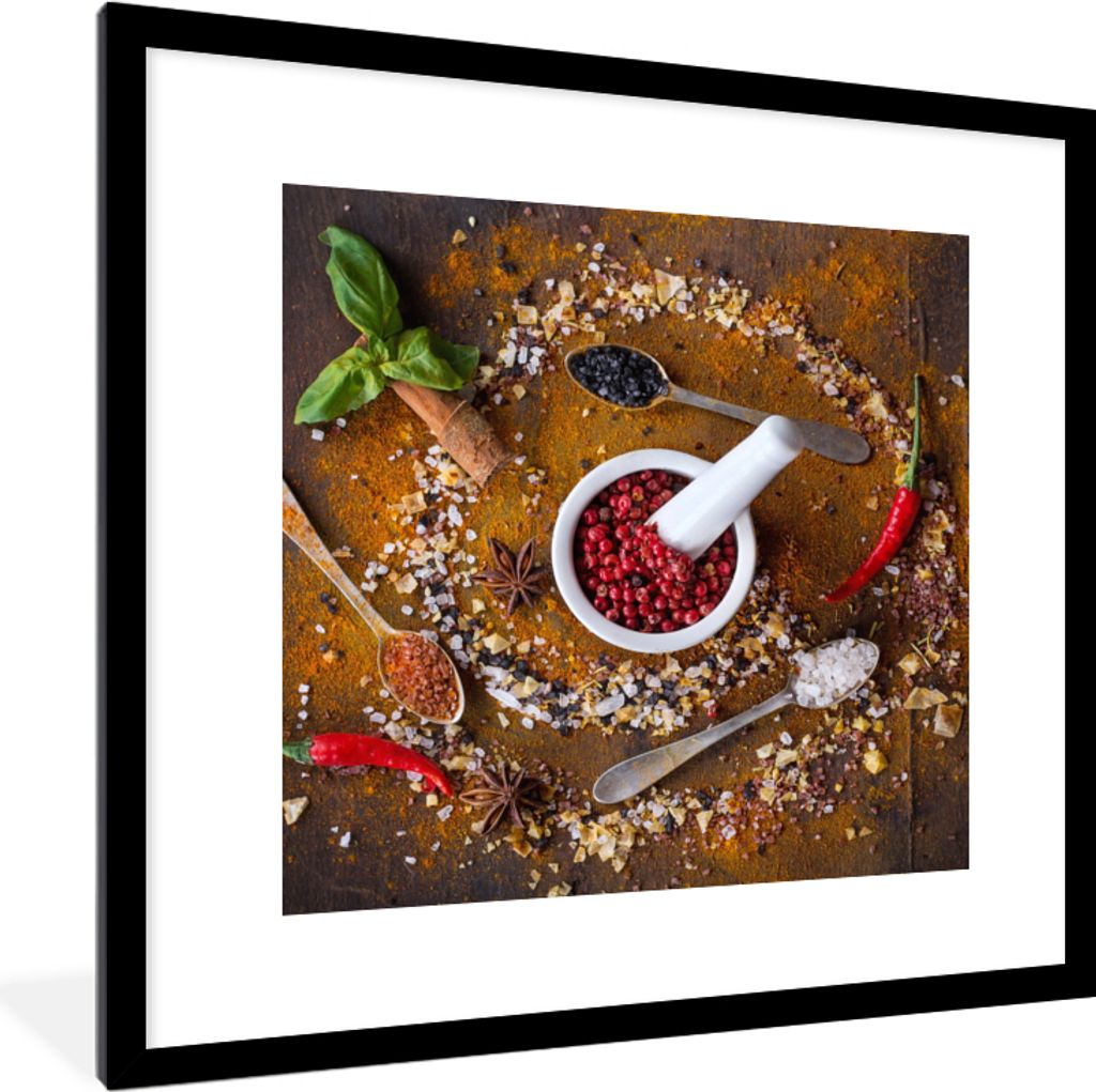 MuchoWow Gerahmtes Poster Mörser - Kräuter - Löffel - Gewürze - Braun - Pfeffer 40x40 cm - Poster mit Schwarzem Bilderrahmen Wandposter Rahme...
