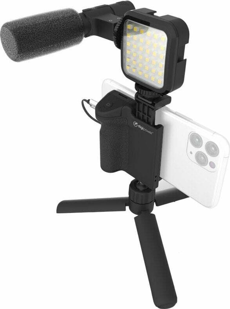 A smartphone is mounted on a tripod with a microphone and LED light attached.
