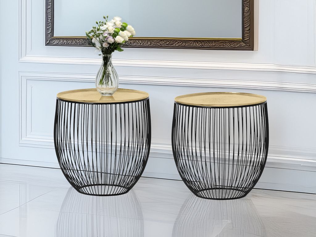 Couchtisch 2 teilig, Korbtische Schwarz Gold, Beistelltisch für Sofa Nachttisch