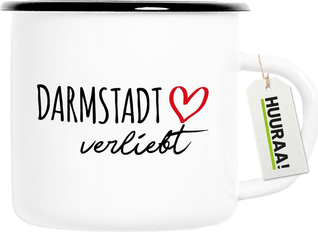 Huuraa Emaille Tasse Darmstadt verliebt 300ml Vintage Campingbecher Geschenkidee