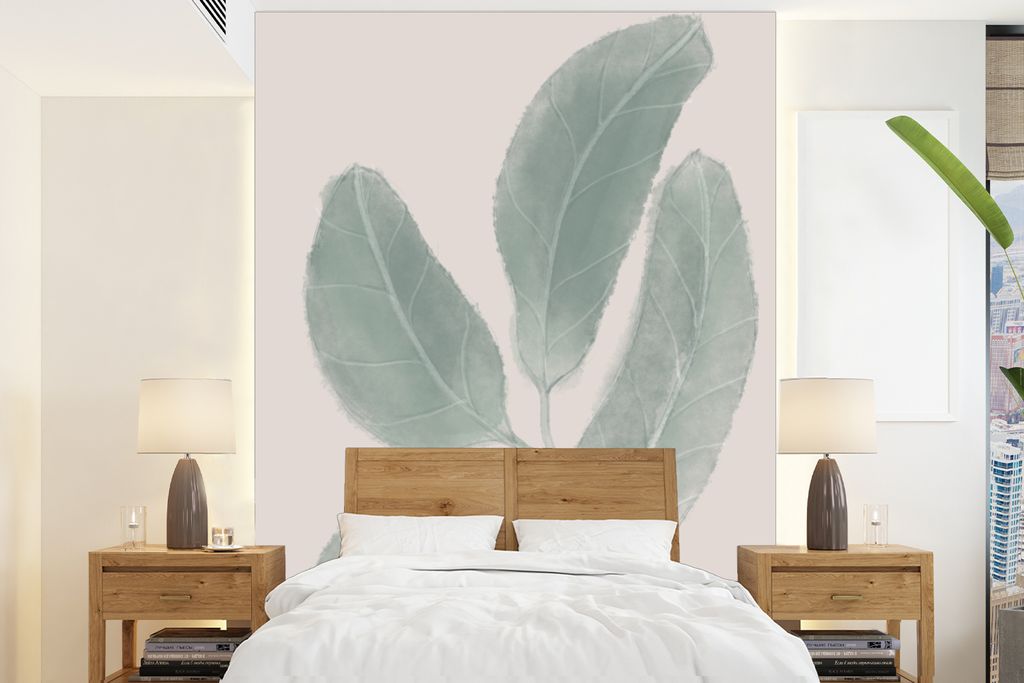 MuchoWow Fototapete für Wohnzimmer oder Schlafzimmer Wandtapete Vinyl Motivtapete Blätter - Pflanzen - Natur - Abstrakt - Beige - 160x220 cm - ...
