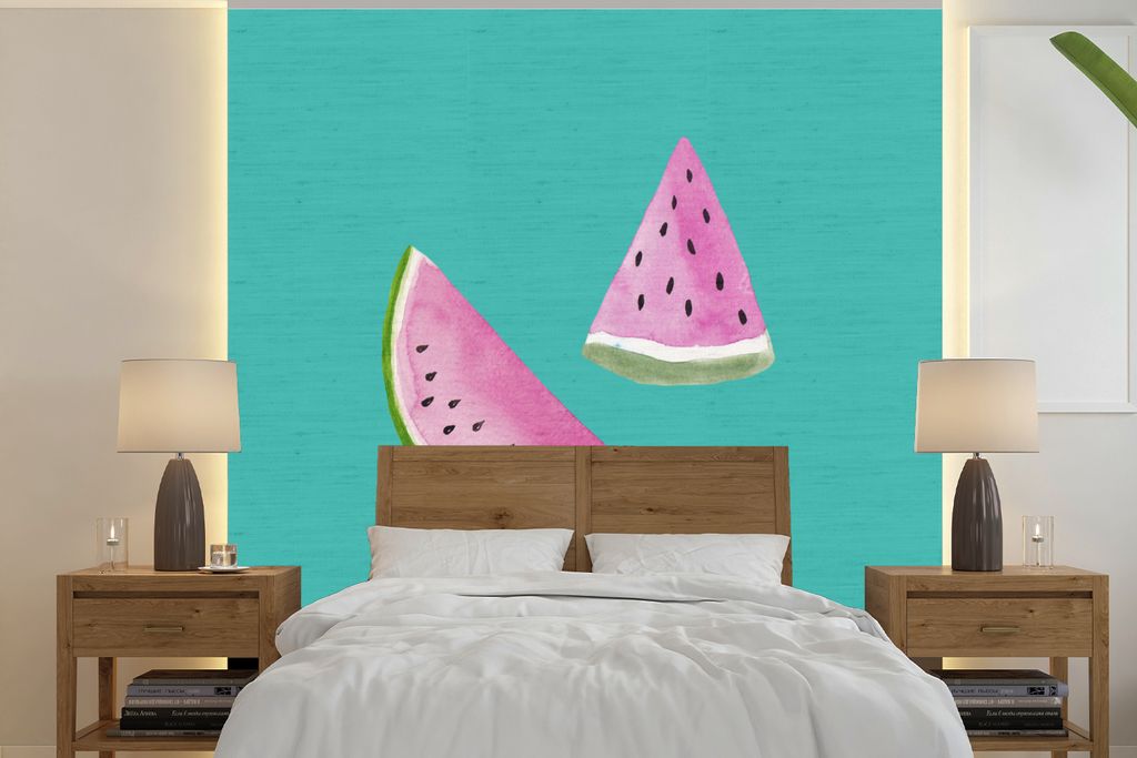 MuchoWow Fototapete für Wohnzimmer oder Schlafzimmer Wandtapete Vinyl Motivtapete Wassermelone - Obst - Aquarell - Blau - 220x220 cm - Tapeten