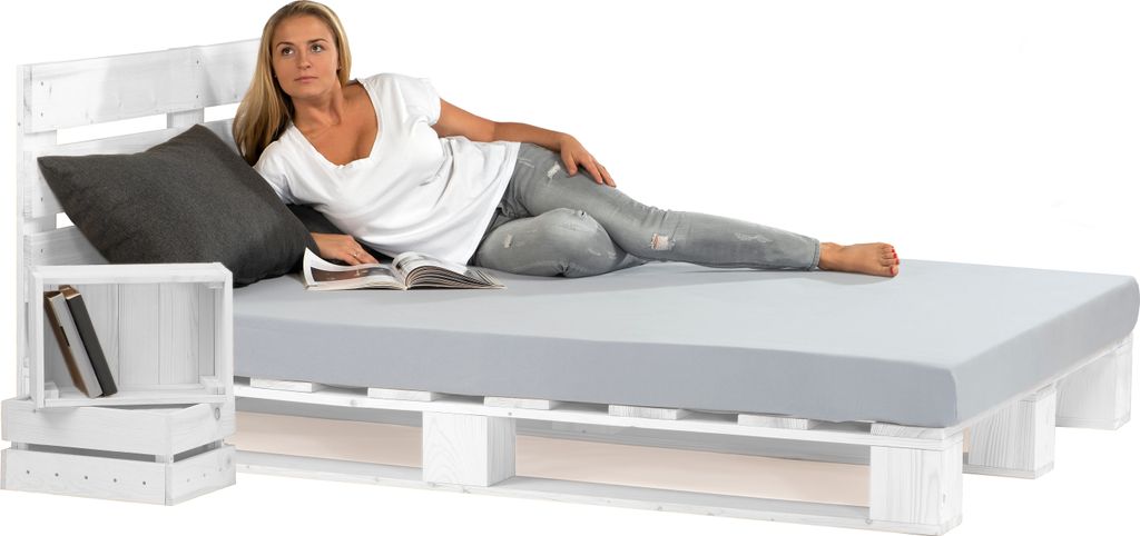 Lermowood Palettenbett 180 x 200 cm mit Kopfteil Weiß Holzbett Massivholzbett Bett aus Paletten Seniorenbett Kinderbett Jugendbett