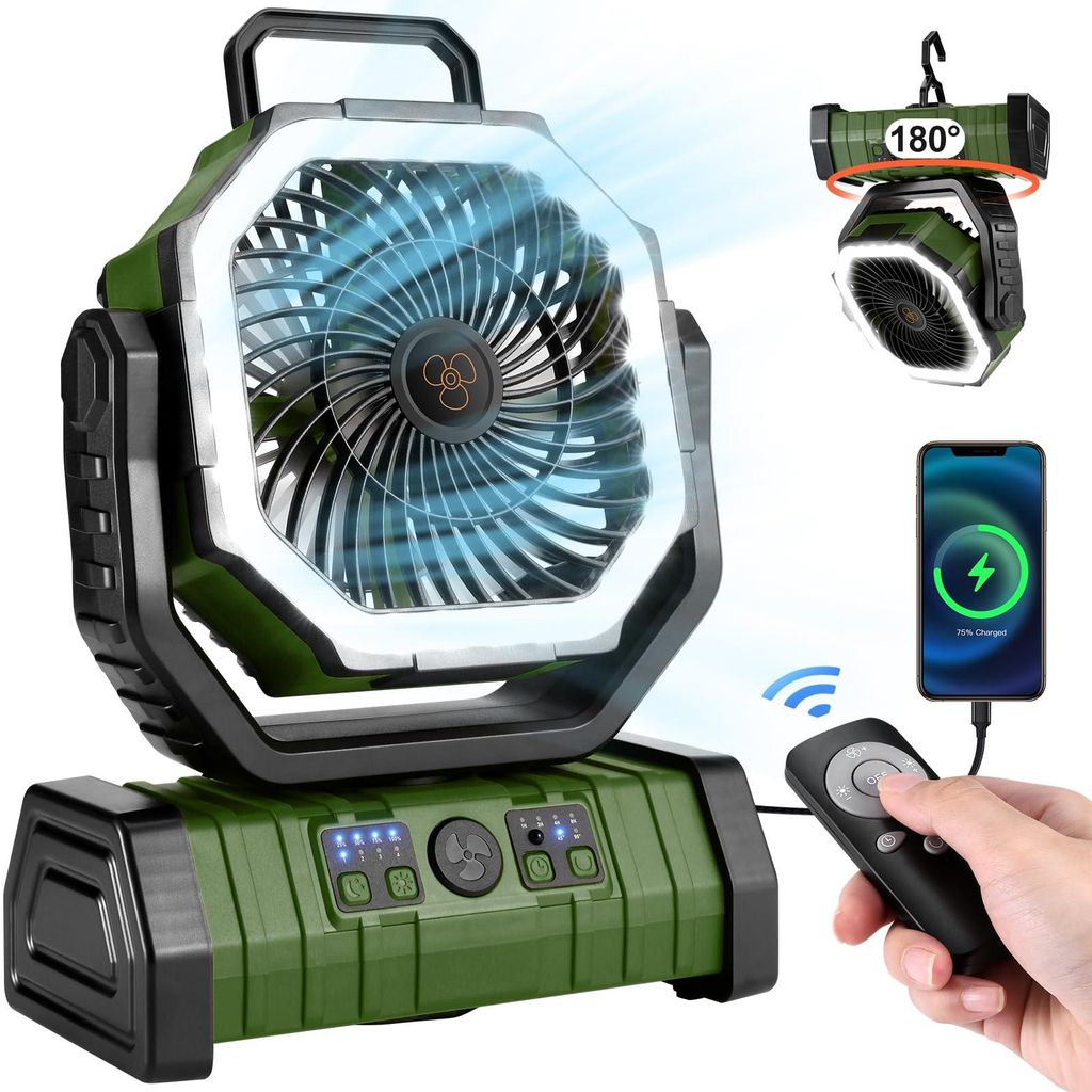 20000 mAh Campingventilator mit LED-Laterne, wiederaufladbarer Akku, oszillierend, mit Fernbedienung, Haken-Aufbewahrungstasche, tragbarer