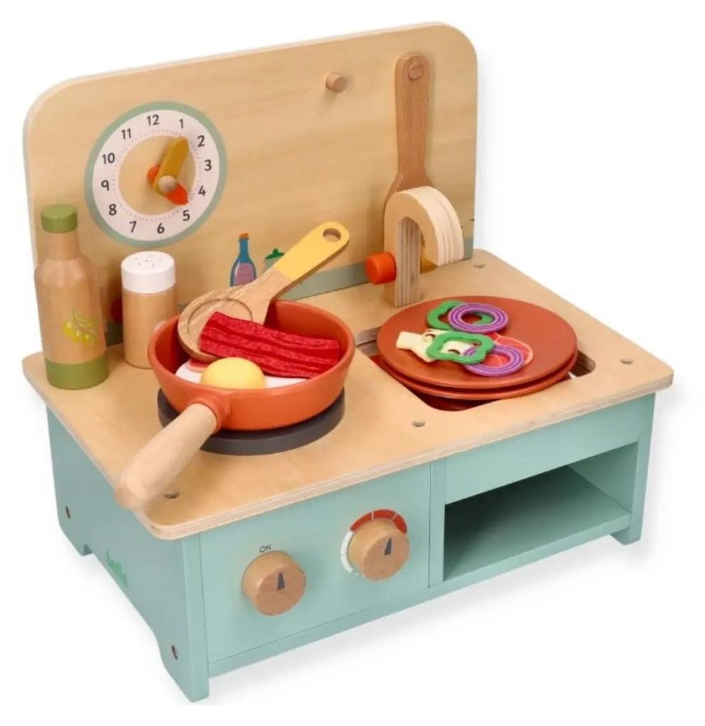 Lelin Kleine Holzküche mit Zubehör – Kompakt-Spielküche 12 Teile (32×20×27 cm, Herd mit Klick-Drehknöpfen, Spüle, Uhr, Pfanne mit Spiegele...