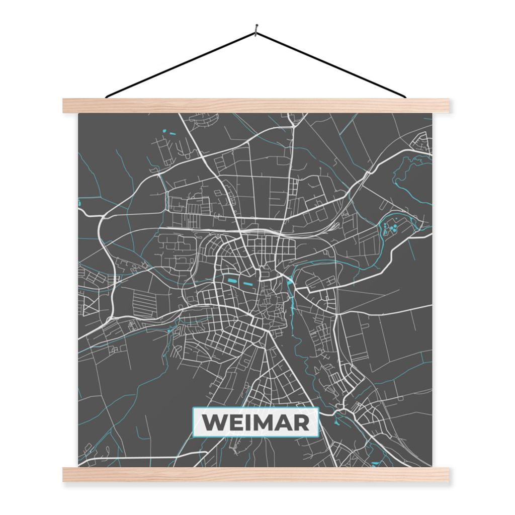 MuchoWow Textilposter Blau - Deutschland - Karte - Stadtplan - Weimar 60x60 cm mit holzfarbenen Rahmen - Wanddekoration