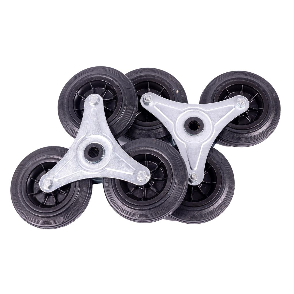 2 Radsterne mit Verschlusskappen für Treppenkarre, Vollgummi 160x40mm, Schwarz, 3 Räder mit Gleitlager und Rollenlager, Verzinktes Stahlblechgeh...