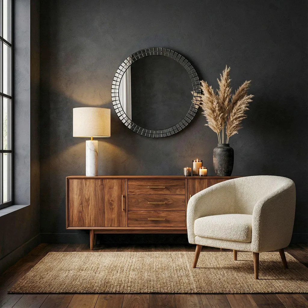 Miroir rond mural 60 cm - Miroir suspendu moderne pour salon et couloir