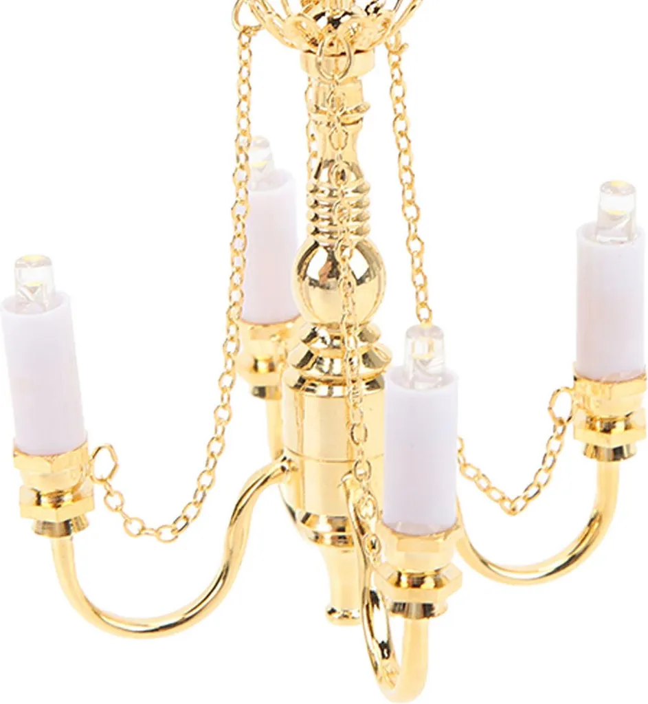 Lustre maison de poupée 1:12 doré à piles avec plafonnier 4 têtes