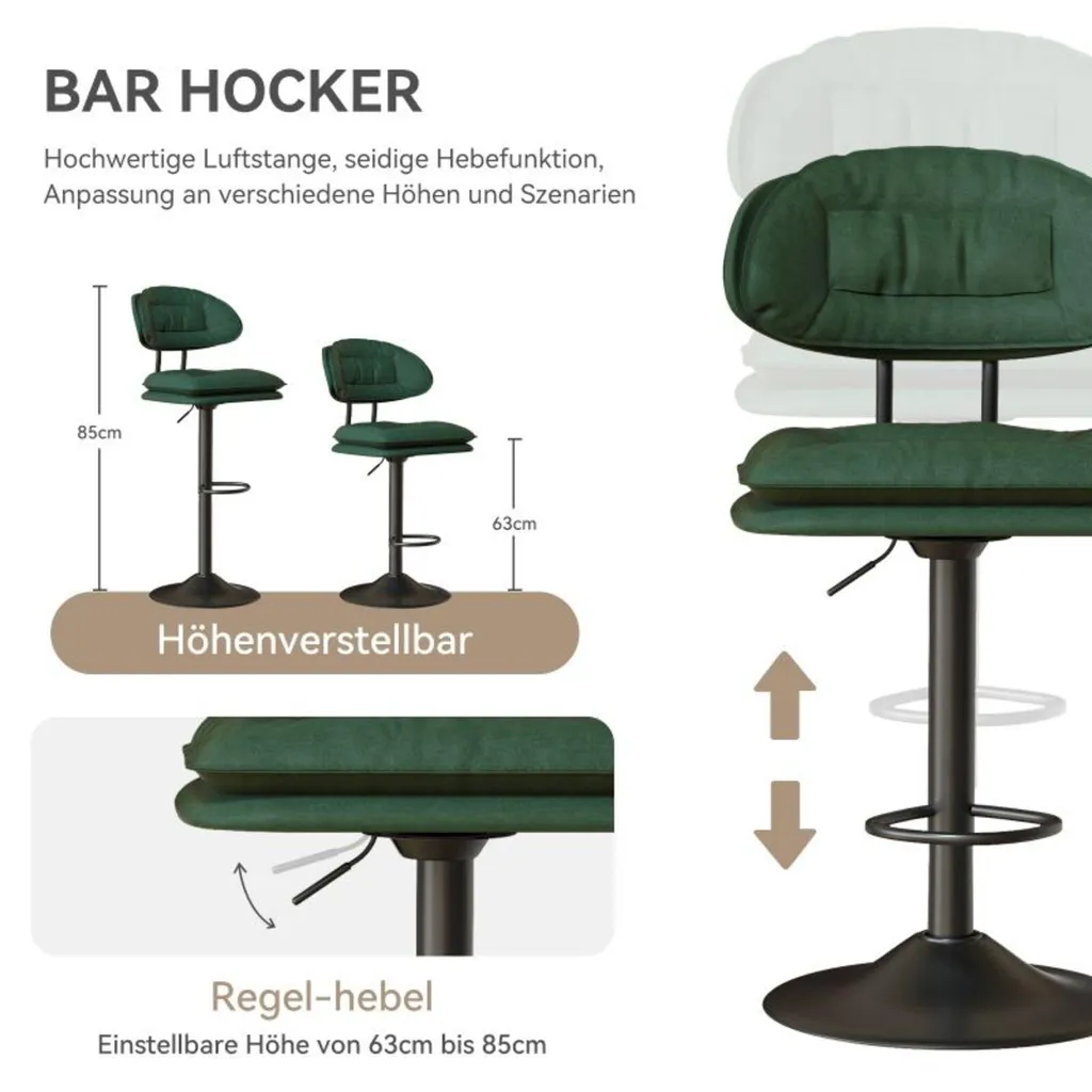 Tabouret de Bar Ergonomique Réglable Vert à Double Couche Confortable x2 - 4