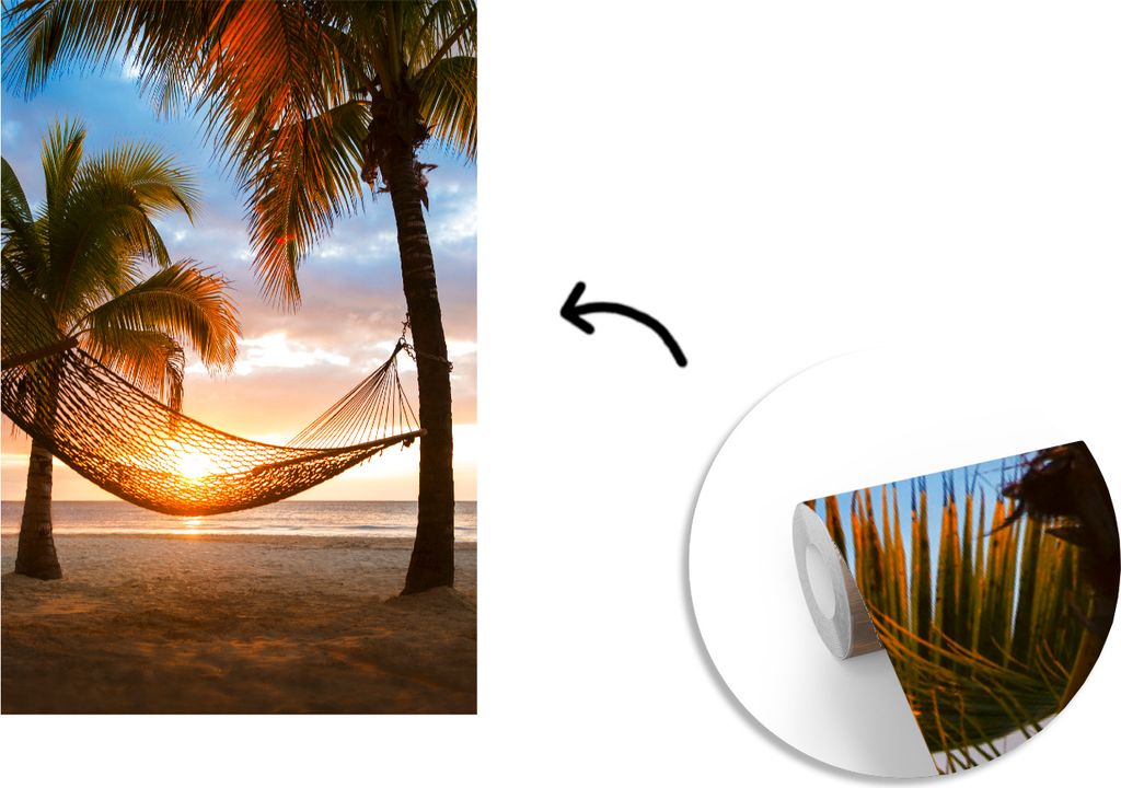 MuchoWow Fototapete für Wohnzimmer oder Schlafzimmer Wandtapete Vinyl Motivtapete Sonnenuntergang - Hängematte - Palme - 175x260 cm - Vinyltapete
