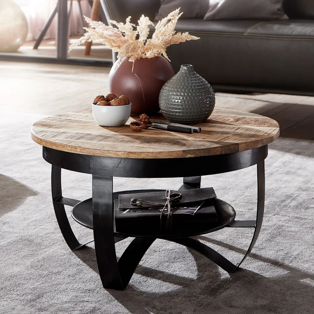 Tavolino Rotondo Wohnling Mango e Metallo Nero - Stile Loft 60x34