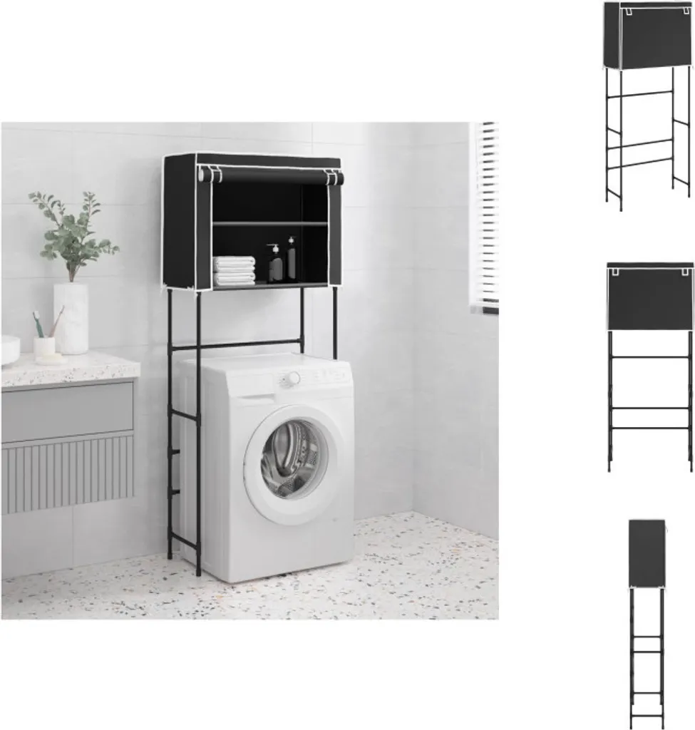 Meuble de rangement dessus lave-linge noir avec étagères et barre fer