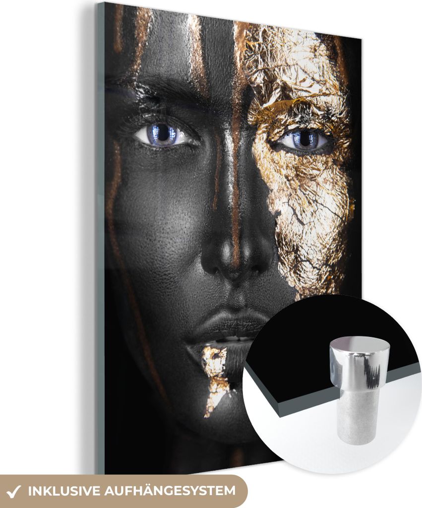 MuchoWow Glasbilder - Bilder auf Wandbild - Foto auf Glas Frau - Blattgold - Schwarz - Gold - Luxus 30x40 cm Wanddekoration aus Glas - Acrylglasbil...