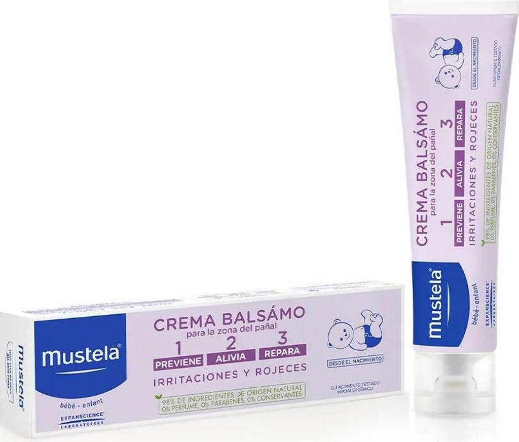 A tube and box of Mustela baby cream are shown against a white background.