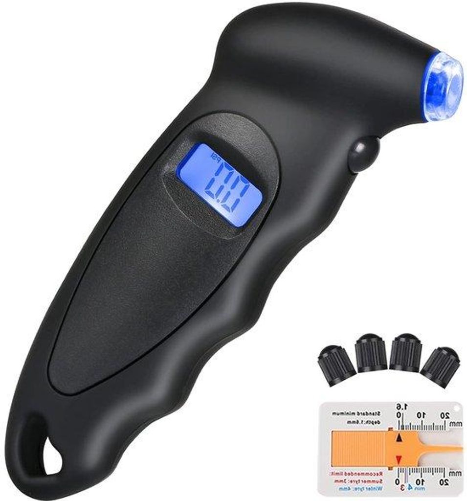 Digitale Drukmeter mit großem LCD Bildschirm, für Autos, LKW, Fahrräder und Motorräder, inklusive Profil-Tiefenmesser