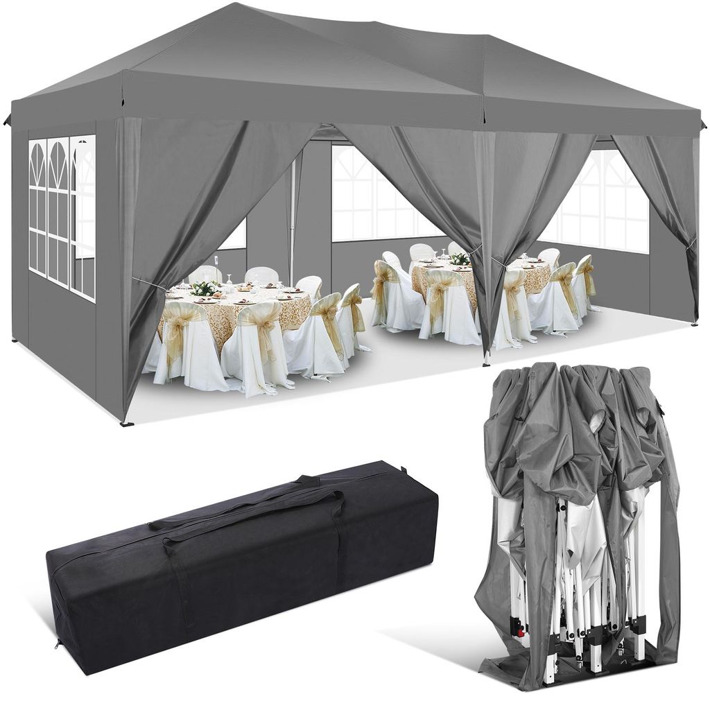 3x6m Faltpavillon Gartenzelt, Wasserdicht UV-Schutz 50+, mit Spitzenbordüre, 4 Seitenwänden und 2 Reißverschlusstüren, inkl. Tasche und Sandsac...