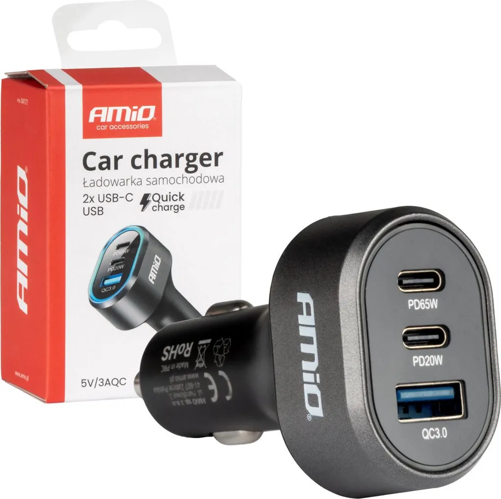 Adattatore Auto 85W USB-C PD 65W AMIO-04177 - Carica Rapida Laptop