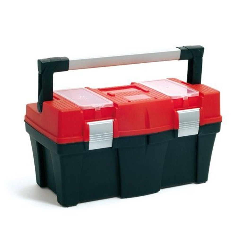 A red and black toolbox with a silver handle is shown against a white background.