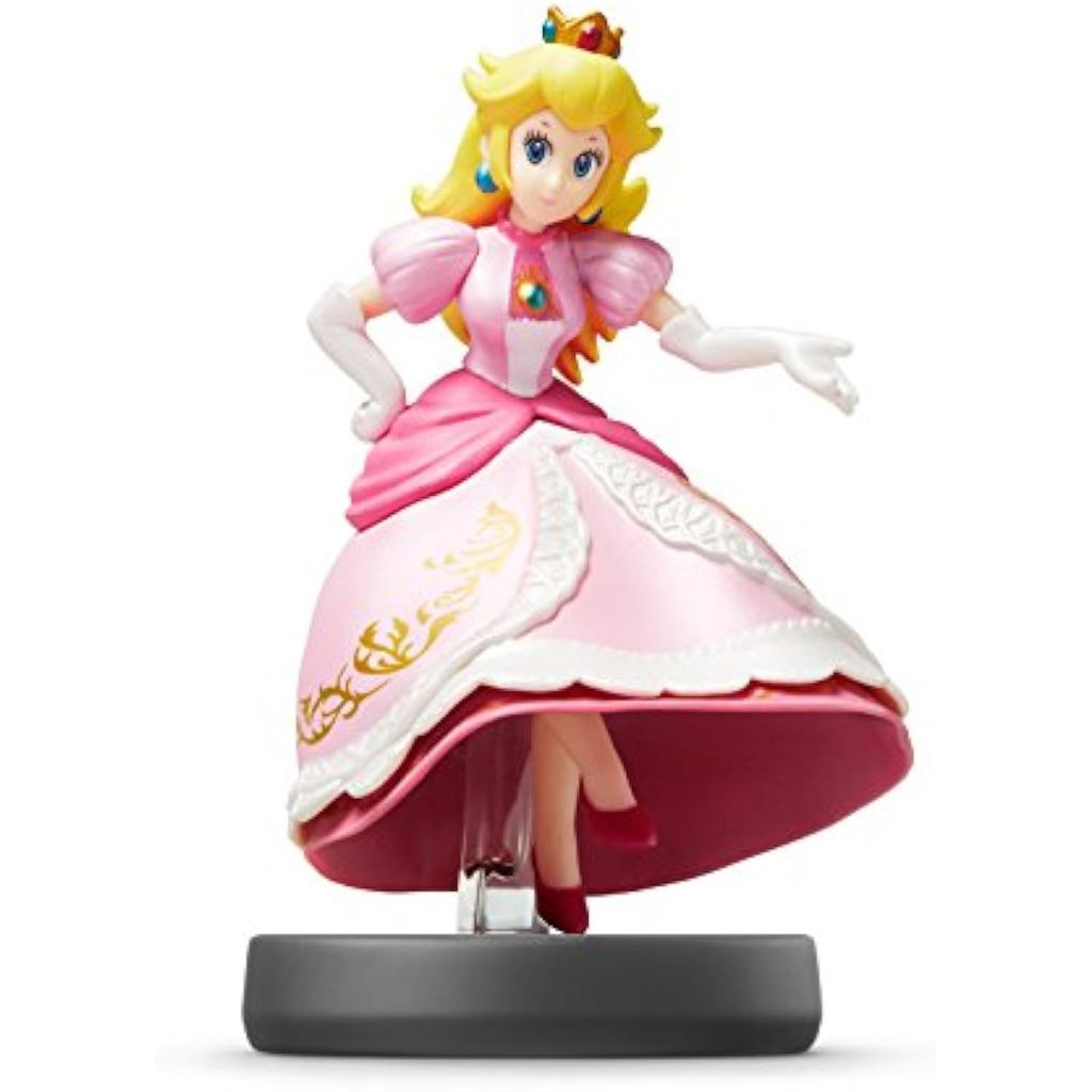A figurine of Princess Peach from Nintendo's Super Mario series, standing on a black base.