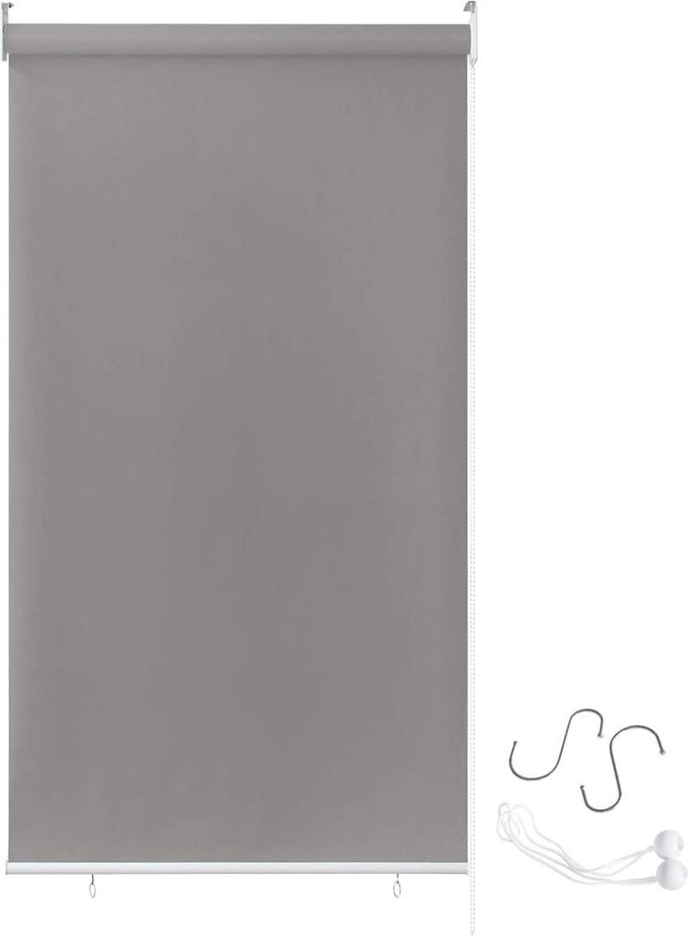 A gray roller blind is shown against a white background, with some accessories on the right side.