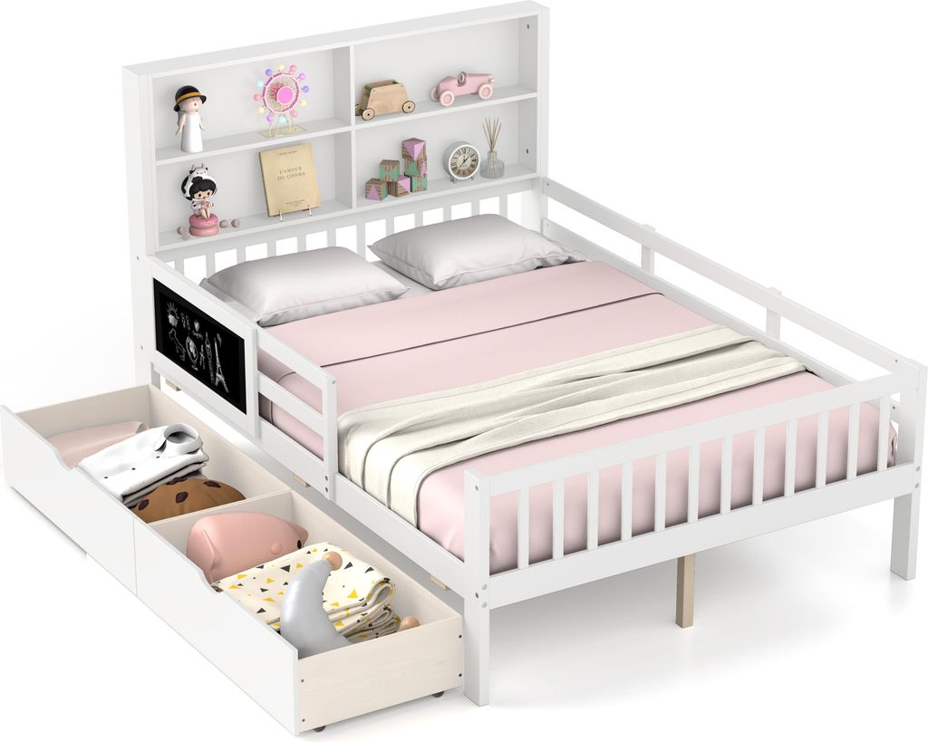 A white children's bed with a headboard bookshelf and two drawers underneath, shown with pink bedding and some decorative items on the shelves.