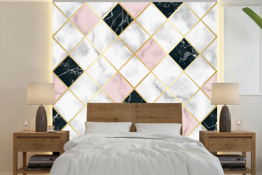MuchoWow Fototapete für Wohnzimmer oder Schlafzimmer Wandtapete Vinyl Motivtapete Marmor - Geometrische Formen - Muster - Luxus - 280x280 cm - H...