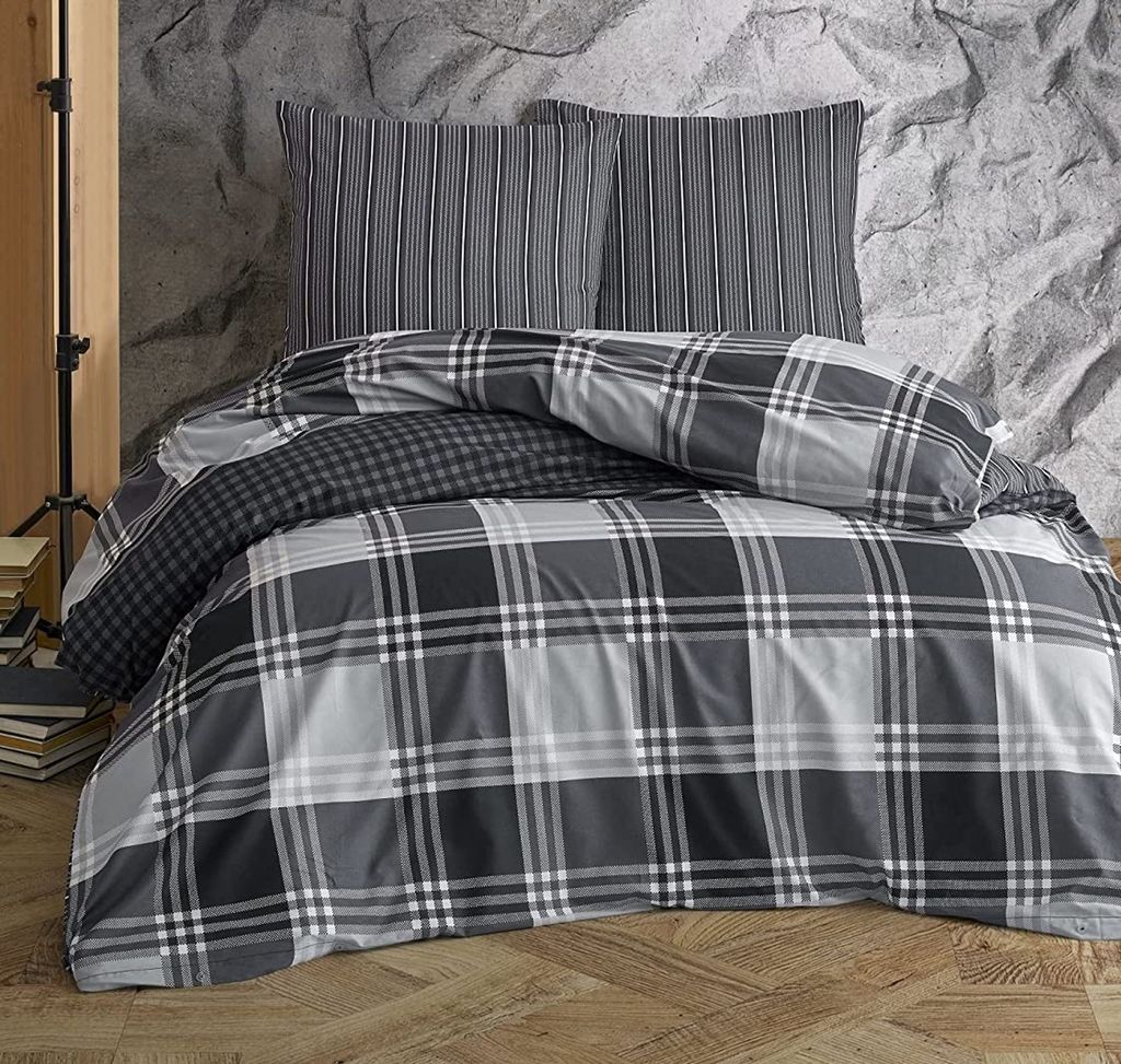 Bettwäsche Set Kariert Gestreift grau anthrazit modern Wende Baumwolle Renforce, Größe:2 teilig 135x200 cm - Normalgröße
